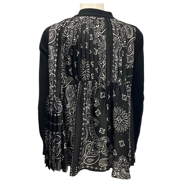 SACAI BLACK PLEATED BACK COTTON KNIT CARDIGAN SWEATER - Picture 3 of 4
